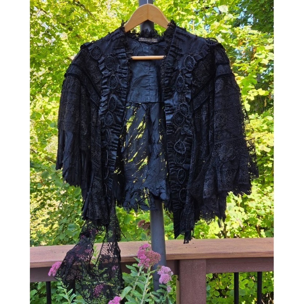 Antique 1800s Victorian Silk Lace Mourning Cape Beads Chantilly Embroidery Paris